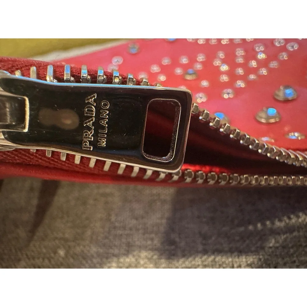 Prada Soft Calf Borch Red Leather Studded Crystal Clutch Bag 1N1825 Fuoco